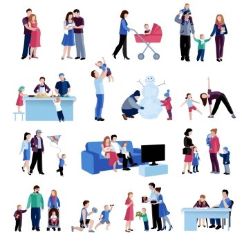 Parenthood family situations flat icons set. Parenting activities flat icons set with mother father children home and outdoor situations abstract isolated vector illustration