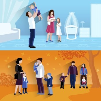 Parenthood 2 flat banners icomposition. Parenting 2 flat banners square composition outdoors walking children and happy family home abstract isolated vector illustration
