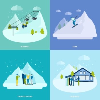  Winter Active Rest In Mountains Design Concept Set. Winter active rest in mountains design concept set with  people downhills and ski  rental vector illustration
