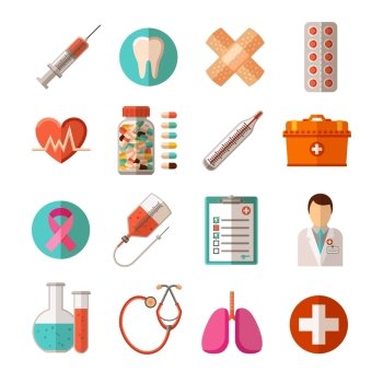 Medical Icons Set. Flat icons set of medical equipment pharmaceutical products and health care isolated vector illustration