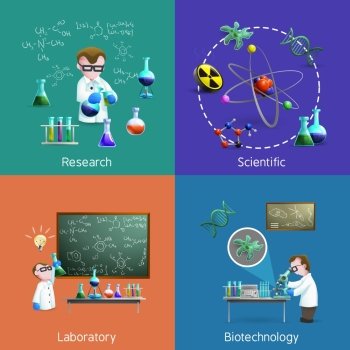  Scientists  In Lab Icons Set .  Icons set with scientists conducting experiments in lab  vector illustration
