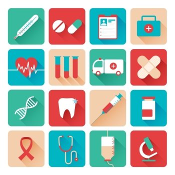 Medicine icons set flat . Medical laboratory analysis tests flat icons collection with microscope and dna molecule shadow abstract isolated vector illustration