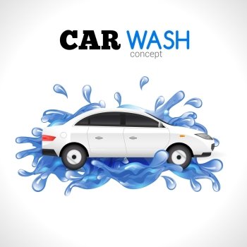 Car Wash Concept. White car wash concept with blue water splashes vector illustration
