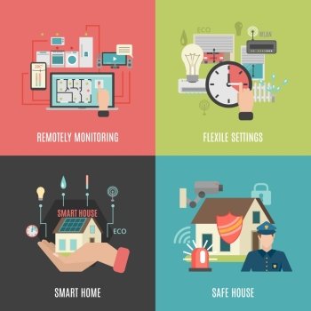 Smart home 4 flat icons square . Smart home household devices remote control flexible settings 4 flat icons square composition banner abstract vector illustration