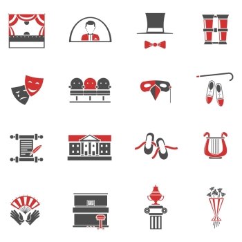 Theatre Red Black Icons Set . Theatre red black icons set with comedy and tragedy symbols flat isolated vector illustration 