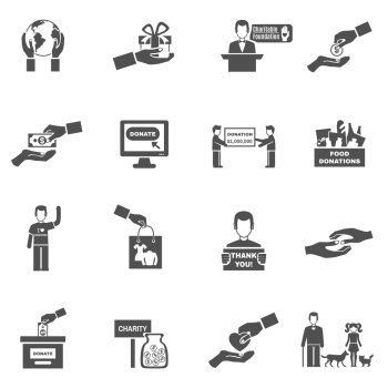 Charity Black White Icons Set. Charity black white icons set with donations symbols flat isolated vector illustration 