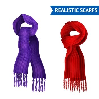 Knitted Scarf Image Set. Realistic 3d image set of 2 knitted scarf purple and red color tied isolated vector illustration