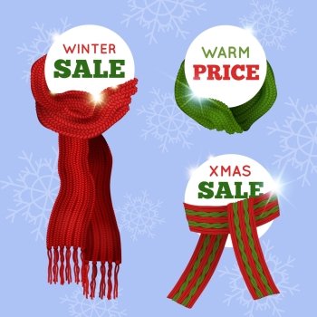 Knitted Scarf Sale Card. Advertising sale card of different knitted scarfs on light blue seamless background with snowflakes vector illustration