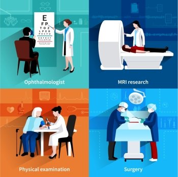 Medical specialists 4 flat icons square . Medical specialists mri scan 4 flat icons square composition with operation room surgery abstract isolated vector illustration