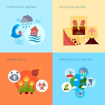 Natural disaster 4 flat icons square. Floods volcanic eruptions and earthquake geological natural disasters 4 flat icons square banner abstract isolated vector illustration