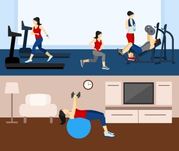 Fitness workout horizontal banner set with people doing sports at home and in gym isolated vector illustration. Fitness Workout Banner