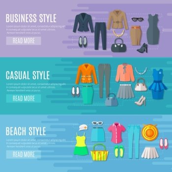 Woman Clothes Horizontal  Banners Set. Fashion styles collection banners set of business beach and casual woman clothes flat vector illustration 