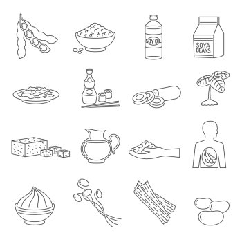 Soy food line set. Soy food line icons set with healthy vegetarian organic products isolated vector illustration