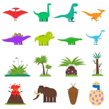 Dinosaurs and prehistoric plants flat icons set isolated vector illustration. Dinosaurs Flat Set