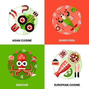 Seafood Design Concept. Design concept set of seafood  river food and dishs of asian and european  cuisine in cartoon style vector illustration