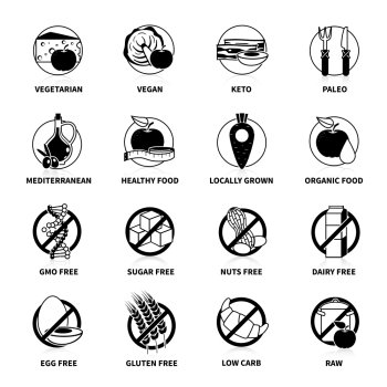 Black Diets Pictogram Set.  Black diets pictogram set  with comments   isolated vector illustration