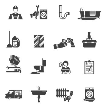 Plumber service black icons collection. Plumber service tools kit black pictograms set with radiator heater system damage fixing abstract isolated vector illustration