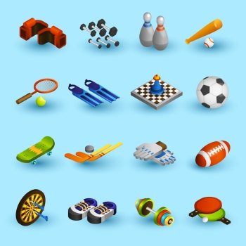 Sport equipment icons set. Sport equipment isometric icons set with boxer gloves football ball baseball bat isolated vector illustration