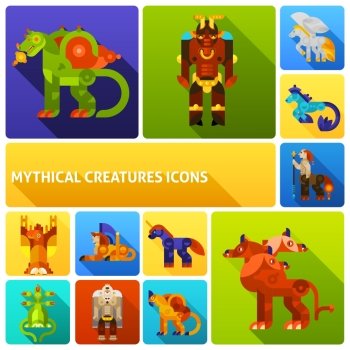 Mythical creatures icons set. Mythical creatures flat long shadow icons set with ancient legends animals isolated vector illustration