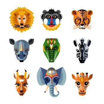  African Animals Heads Masks Flat Icons . Traditional african facial masks shaped as wild jungle animals heads flat icons collection abstract isolated vector illustration