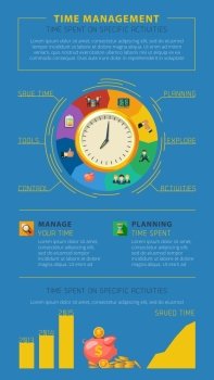 Time Management Tips Infographic Poster. Best time management tips for profitable and successful business projects management infographics presentation poster abstract vector illustration