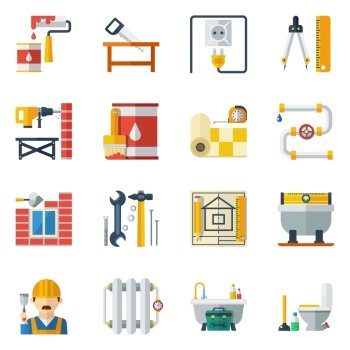Home Repair Flat Icons Collection. Home improvement renovation and repair service tasks tools and utensils flat icons set abstract vector isolated illustration