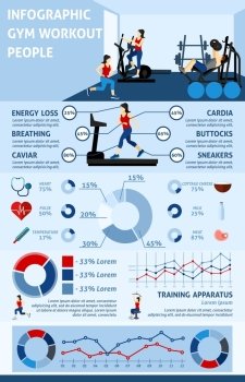 Gym workout infographics set with people doing sports and charts vector illustration. Gym Workout Infographics