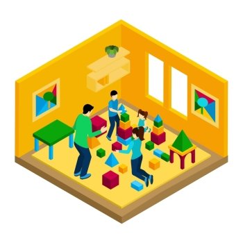  Family Playing Illustration . Family playing in the room with parents and children isometric vector illustration 
