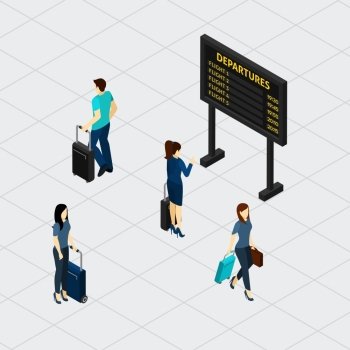 Airport Hall Passengers Isometric Banner . Airport departure board in passengers waiting room with overview of flight numbers and time isometric banner vector illustration 