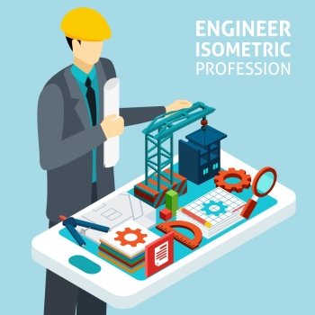 Profession Engineer Concept Isometric Banner . Construction engineer in helmet with architectural buildings model and technical drawing plan isometric banner abstract vector illustration
