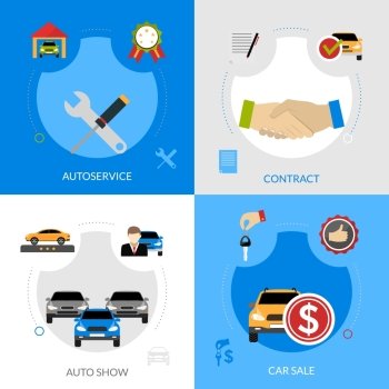 Car Dealership Flat Icons Square Concept. Car dealership flat icons composition of automobile sale autoservice buying contract and auto show square concept vector illustration