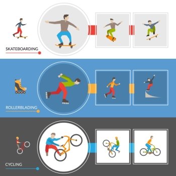 Horizontal Extreme City Sports Banners. Horizontal  banners on theme extreme city sports with rollers cyclists skateboarders icons set vector illustration