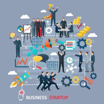 Business Startup Concept Illustration . Business startup concept with target and success symbols on grey background flat vector illustration 