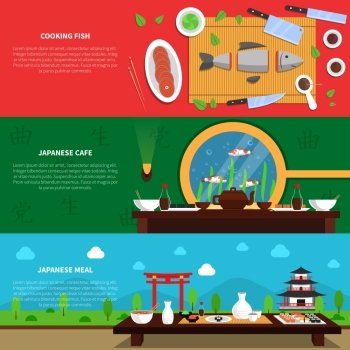 Sushi horizontal banner set with cooking fish elements isolated vector illustration. Sushi Banner Set