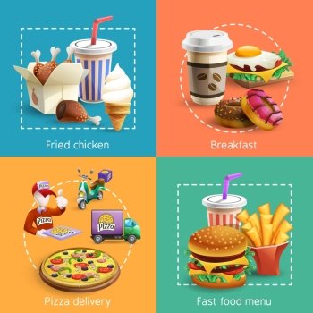 Fastfood 4 Cartoon Icons Square Composition. Fast food restaurant breakfast menu with pizza delivery service 4  icons square composition banner cartoon vector illustration