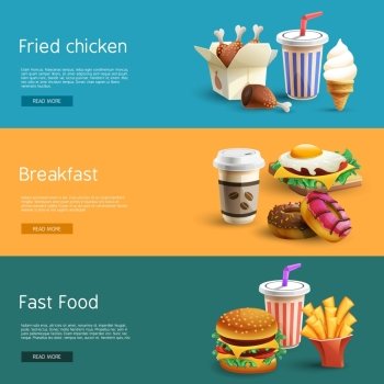 Fastfood Options Pictograms 3 Horizontal  Banners. Fast food choice options online information 3 horizontal banners set with colorful pictograms abstract isolated vector illustration
