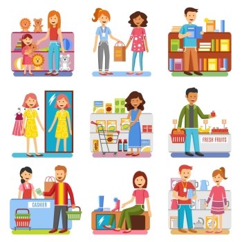 Family Shopping Concept  Flat PIctograms Collection. Family shopping in department store for shoes toys and clothes and food flat pictograms collection isolated vector illustrations 