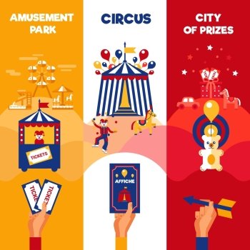 Amusement Park Circus Tickets  3 Vertical  Banners. Amusement park entree tickets sale for traveling circus magic show 3 vertical colorful retro banners announcement poster flat  vector illustration 