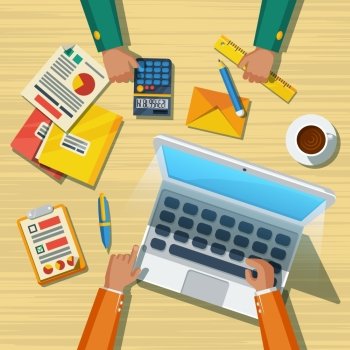 Business Meeting Long Lands Flat Poster. Business team meeting working moment with notepad tablet computer and long hands flat poster abstract vector illustration