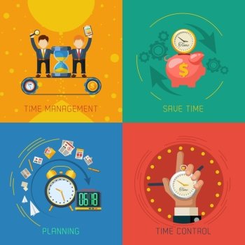 Time Management Flat Icons Square Composition. Effective time management planning and control strategies 4 flat icons square composition poster abstract isolated vector illustration