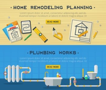Home Repair 2 Flat Banners Set. Home remodeling plumbing and sanitary installation service interactive webpage design 2 flat horizontal banners vector isolated illustration