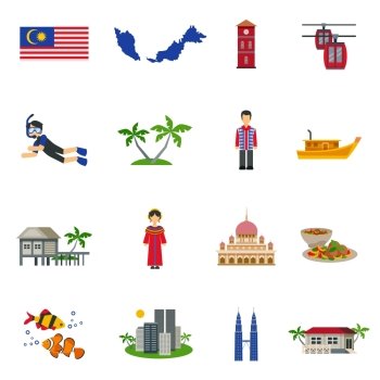 Malaysian Culture Symbols Flat Icons Set. Malaysian culture symbols and tourist attractions with map and national flag flat icons collection abstract vector  isolated illustration