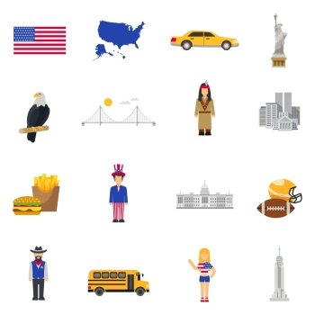 Culture Symbols  USA Flat Icons Set. Symbols USA stars and stripes banner eagle national bird and liberty statue flat icons collection vector isolated illustration
