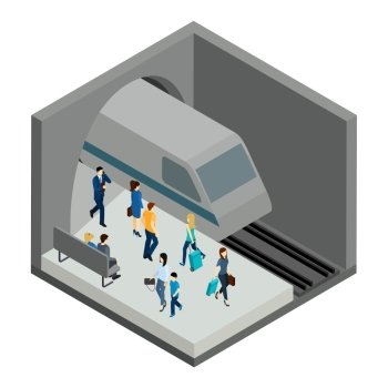 Underground People Illustration . Underground people with train bench and platform isometric vector illustration 