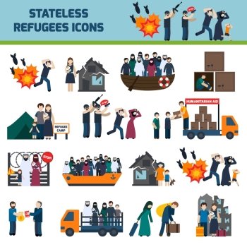 Stateless refugees icons. Stateless refugees icons set with illigal immigrants isolated vector illustration