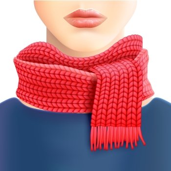 Woman Knitted Red Scarf Ad Print. Woman fashionable knitted red scarf  for store window displays and casual wear winter accessories catalogs vector illustration 