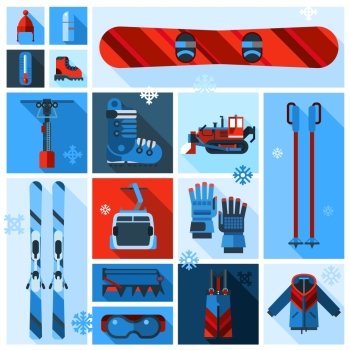 Skiing Equipment Icons Set. Skiing and snowboarding equipment icons set with elements of clothing shoes and accessories in flat shadow design style vector illustration 