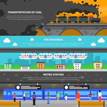 Train banner set. Train horizontal banner set with metro and cargo transportation wagons flat elements isolated vector illustration