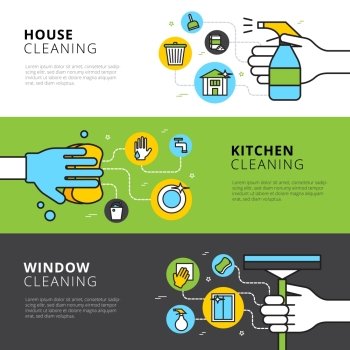 House Kitchen And Window Cleaning Banners. Cleaning flat horizontal banners with hands detergents and tools for house kitchen and window cleaning vector illustration