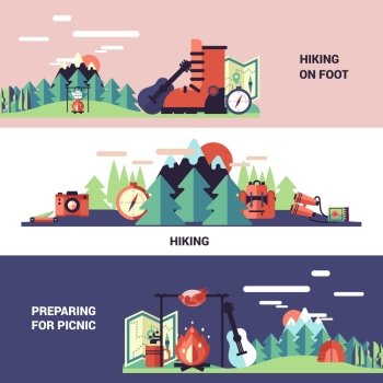 Hiking And Picnic Horizontal Banners. Hiking and picnic horizontal banners with tourist equipment and preparing for picnic design compositions flat vector illustration 